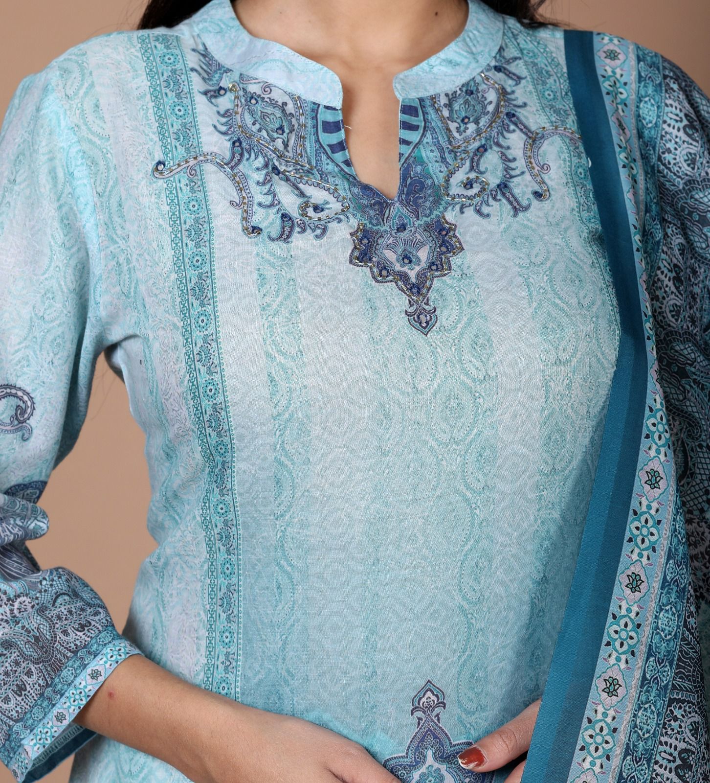 Elegant Cotton Schiffli Digital Print Hand-Embroidered Suit - Nakh Clothing