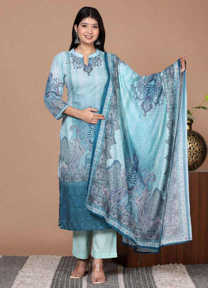 Elegant Cotton Schiffli Digital Print Hand-Embroidered Suit - Nakh Clothing