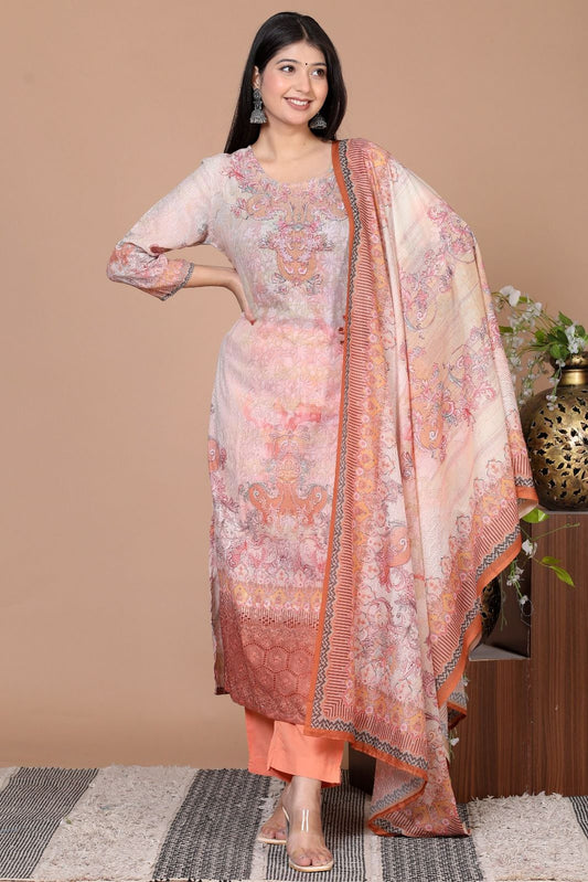 Elegant Cotton Schiffli Digital Print Hand Embroidered Suit - Nakh Clothing