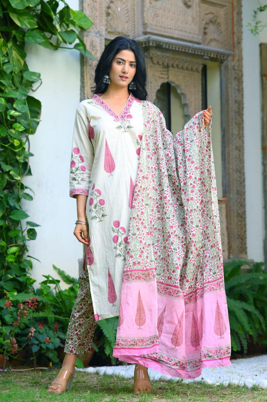 Elegant Pure Pink  and White Cotton Suit Sets - Indo Lady Collection - Nakh Clothing