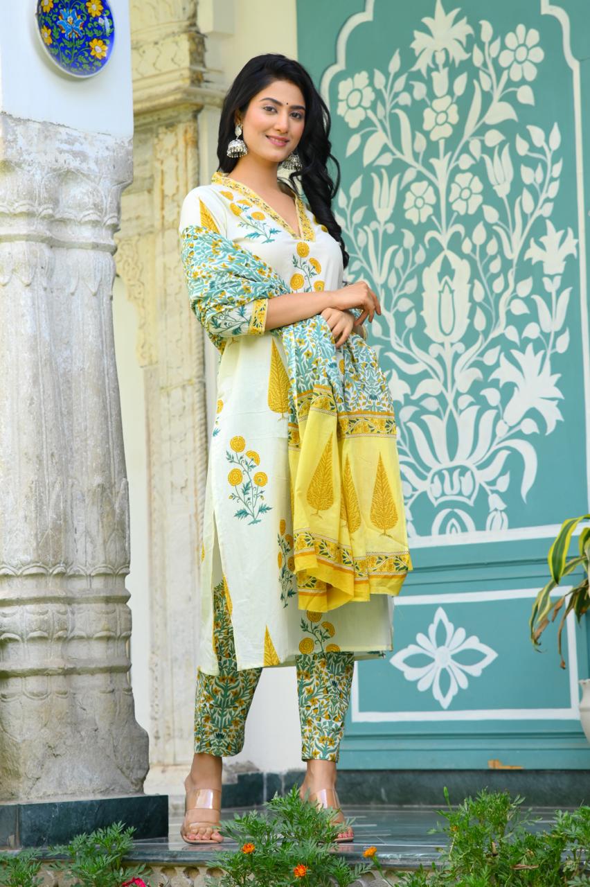 Elegant Pure Yellow and White Cotton Suit Sets - Indo Lady Collection - Nakh Clothing