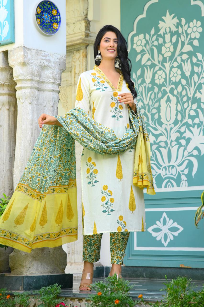 Elegant Pure Yellow and White Cotton Suit Sets - Indo Lady Collection - Nakh Clothing