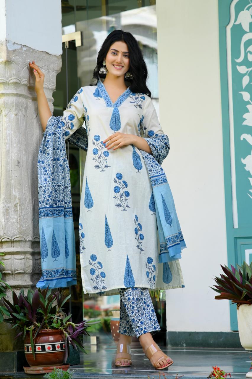 Elegant Pure Blue and White Cotton Suit Sets - Indo Lady Collection - Nakh Clothing