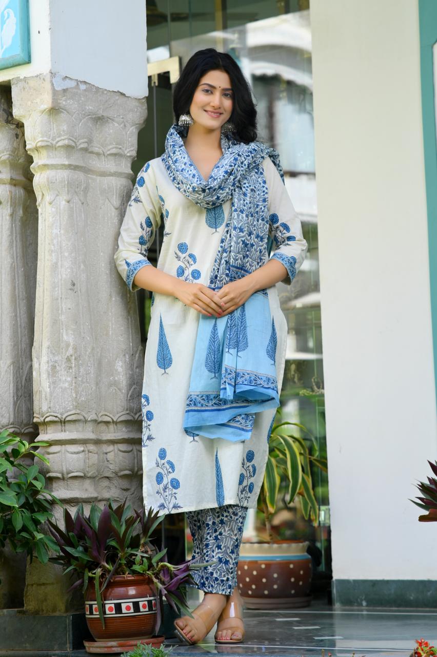 Elegant Pure Blue and White Cotton Suit Sets - Indo Lady Collection - Nakh Clothing