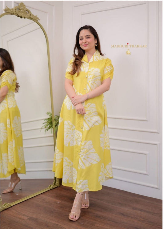 Yellow Leaf Cotton Dress - Nakh Clothing