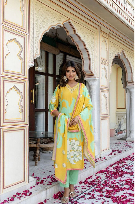 Digital print cotton straight suit set with dupatta