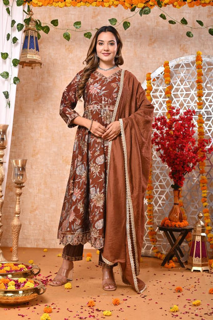 Festive Elegance Brown Muslin Modal Suit Set with Intricate Embroidery