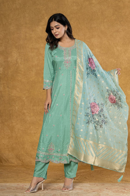 Elevate Your Festive Look: Pastel Green Muslin Anarkali Suit Set with Intricate Embroidery