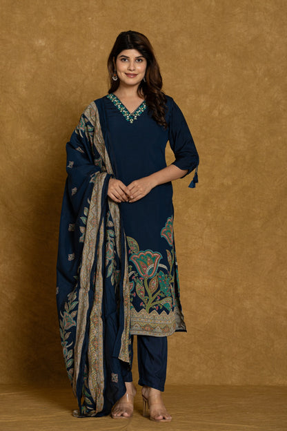 Elegant Blue Embroidered Modal Muslin Suit Set with Dupatta