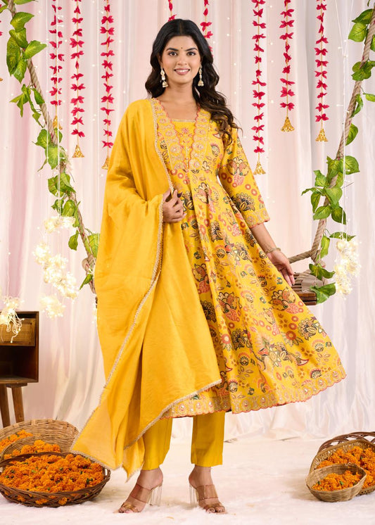 Vibrant Yellow Muslin Modal Anarkali Suit Set with Elegant Embroidery