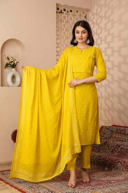 Yellow Cotton Straight Kurta Slim Pants Suit Set