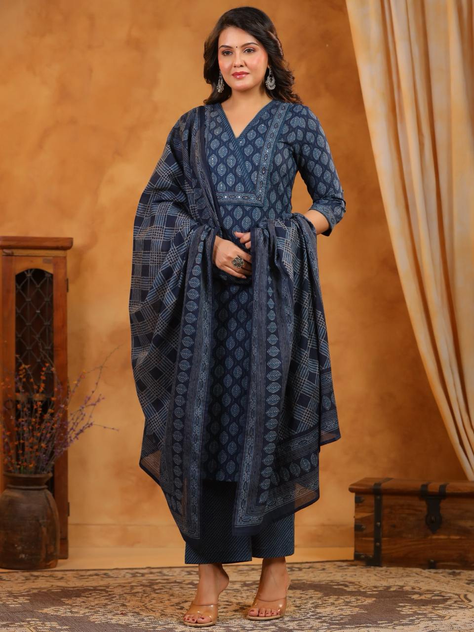 Angrakha Elegance: Mirror & Sequin Work Cotton 3-Piece Set