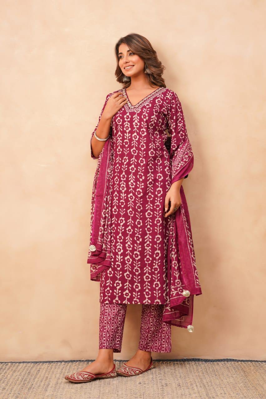 "Elegant Cotton Block Printed Zari Work Suit Set – A Timeless Statement Piece"