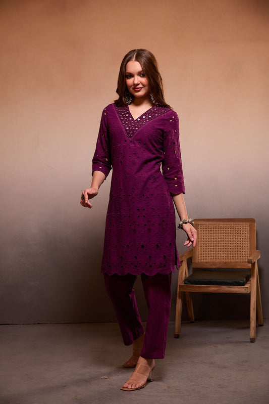 "Handcrafted Wine Chikankari Co-ord Set with Mirror Work | Premium Cotton Loungewear for Women" - Nakh Clothing