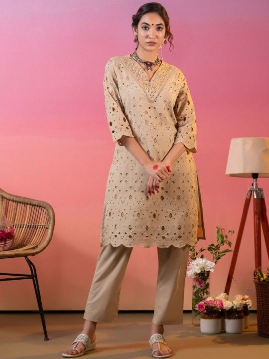 "Handcrafted Beige Chikankari Co-ord Set with Mirror Work | Premium Cotton Loungewear for Women - Nakh Clothing