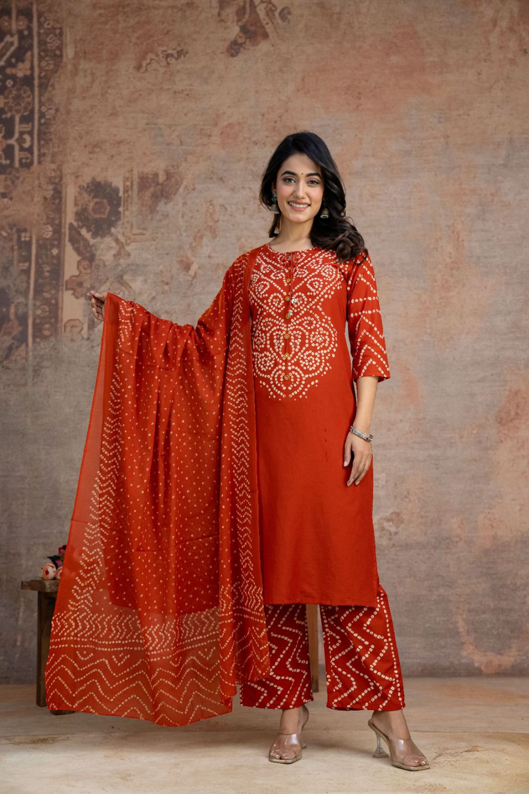 Bandhej-Inspired Cotton 3-Piece Set with Mirror Work & Tassel Details