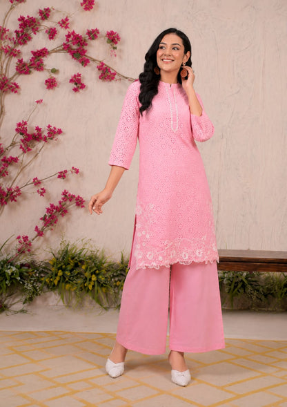 Baby Pink Chikankari Cotton Co-Ord Set for Women - Nakh Clothing