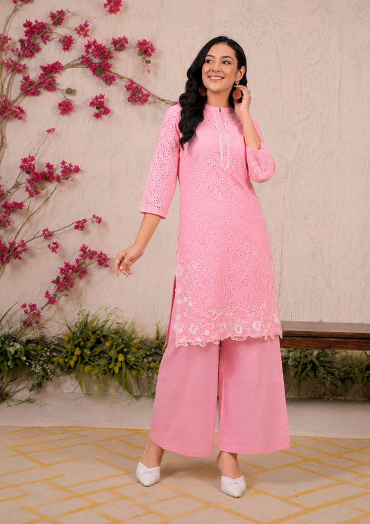 Baby Pink Chikankari Cotton Co-Ord Set for Women - Nakh Clothing