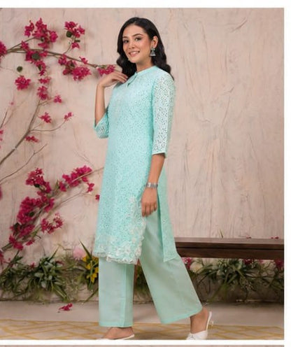 Mint Green Chikankari Cotton Co-Ord Set for Women with Handwork - Nakh Clothing