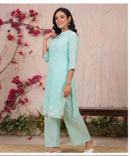 Mint Green Chikankari Cotton Co-Ord Set for Women with Handwork - Nakh Clothing