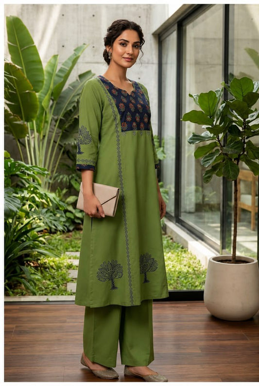 Green Dabu Cotton Handblock Printed 2PC Kurta Set with Mirror Work