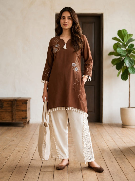 Elegant Brown Rayon Embroidered Co-Ord Set