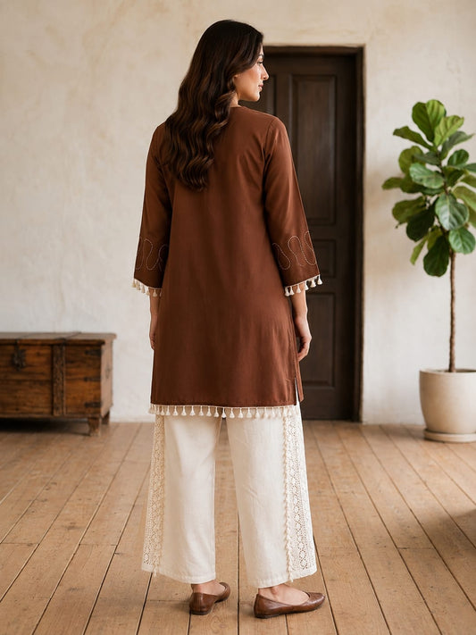 Elegant Brown Rayon Embroidered Co-Ord Set