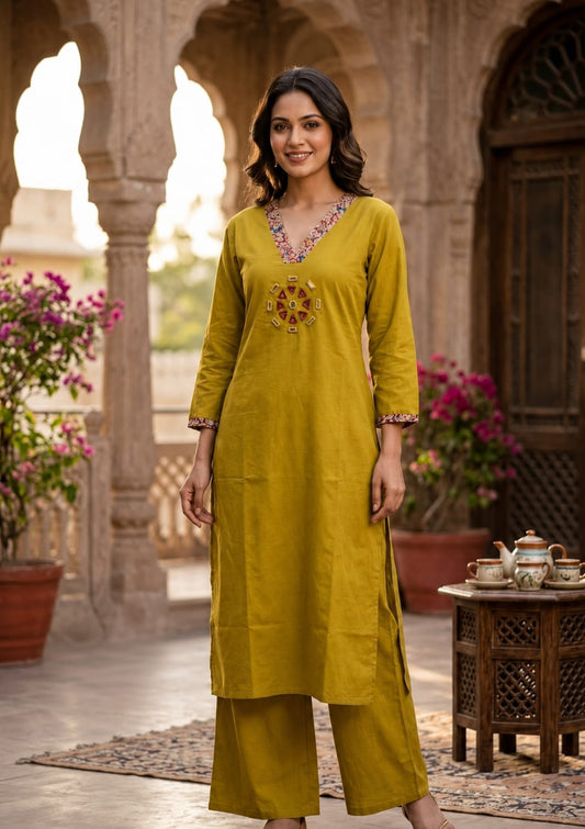 Mustard Dabu Cotton Kurta Palazzo Set with Mirror Work