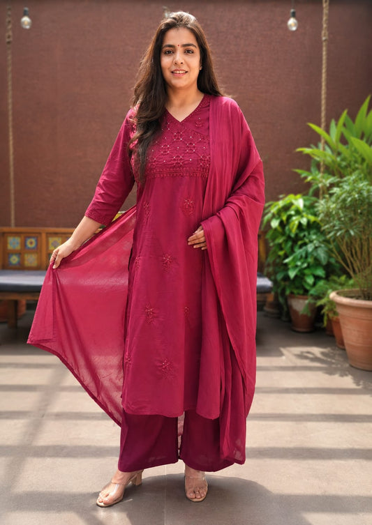 Fuchsia Cotton Angrakha 3 Piece Kurta Set with Embroidered Panel