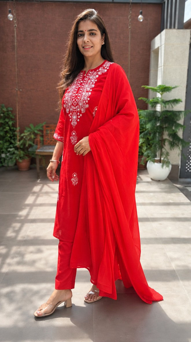 Red Cotton Slub Embroidered 3 Piece Suit Set for Women - Nakh Clothing