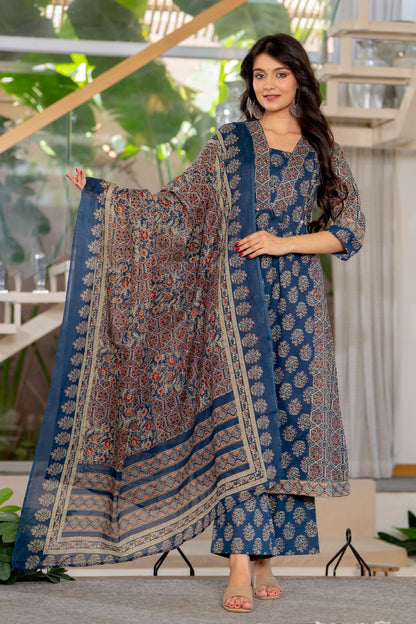 Royal Blue Ethnic Elegance Cotton Suit Set - Nakh Clothing