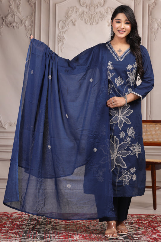 Royal Blue Floral Embroidered Cotton Suit Set