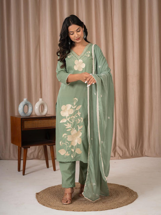 Sage Green Floral Embroidered Cotton Suit Set