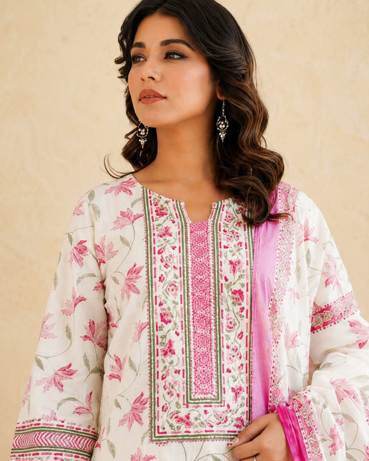 Pink Floral Cotton Suit Set with Embroidered Yoke & Dupatta ✨