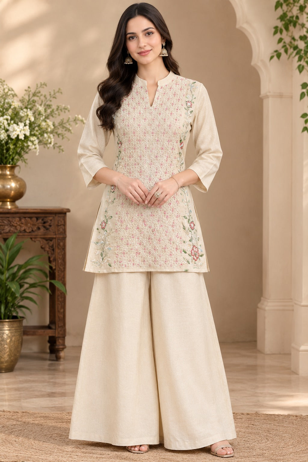 Off-White Embroidered Short Kurti with Palazzo – Crepe Co-ord Set