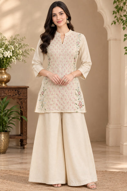 Off-White Embroidered Short Kurti with Palazzo – Crepe Co-ord Set