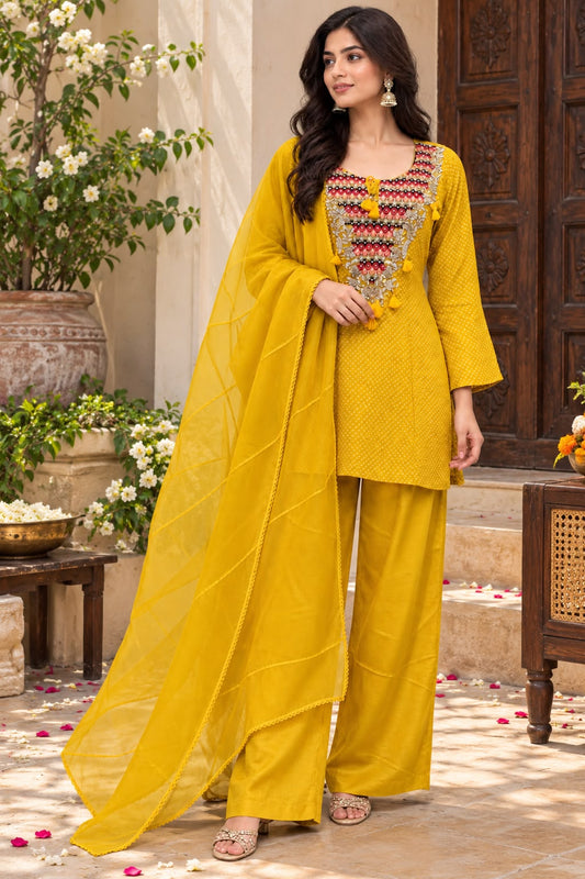 Women's Yellow Bandhani Georgette Kurta Palazzo Set with Embroidered Yoke