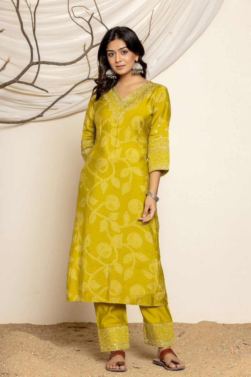 Embroidered Lemon Yellow Suit Set