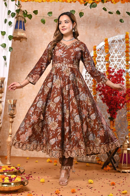 Festive Elegance Brown Muslin Modal Suit Set with Intricate Embroidery