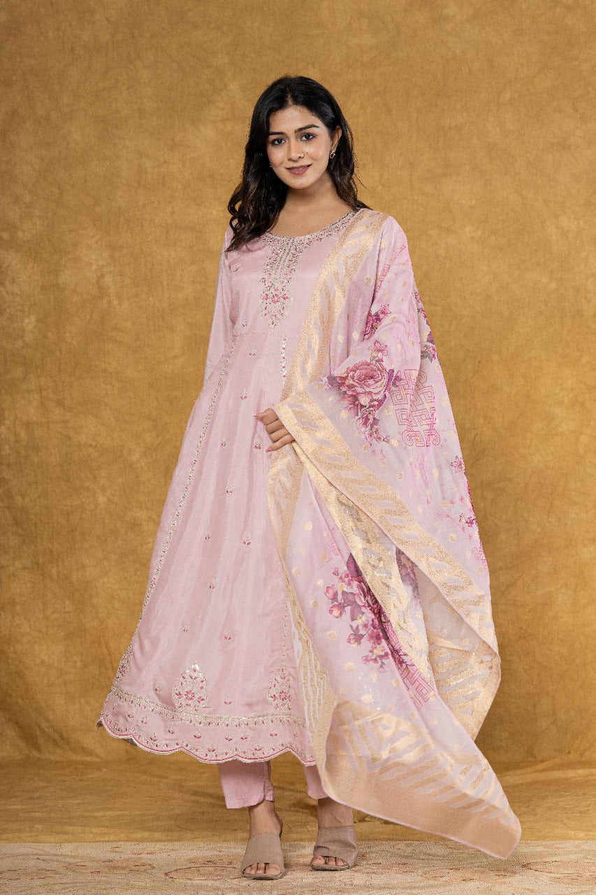 Elevate Your Festive Look: Soft Pink Muslin Anarkali Suit Set with Intricate Embroidery