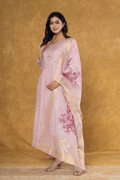 Elevate Your Festive Look: Soft Pink Muslin Anarkali Suit Set with Intricate Embroidery