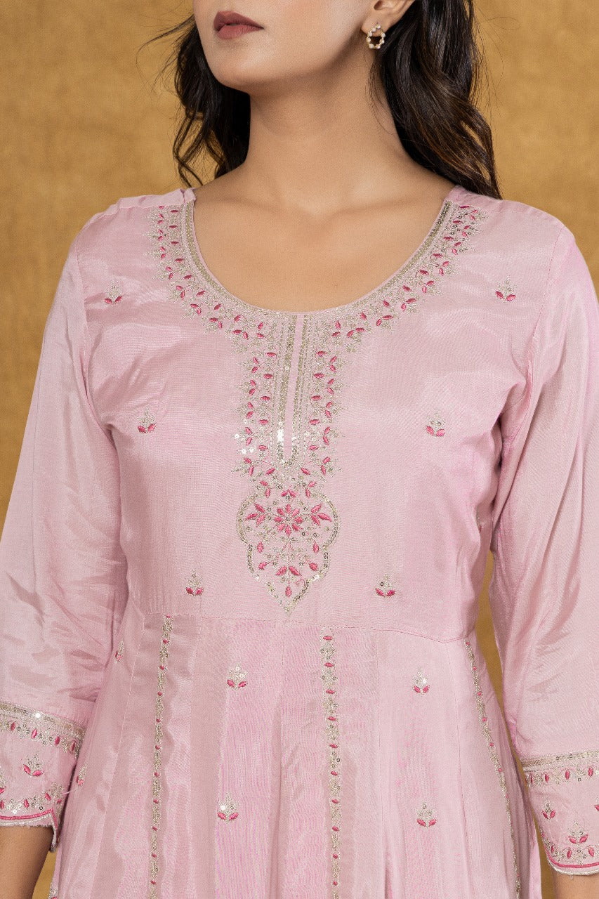 Elevate Your Festive Look: Soft Pink Muslin Anarkali Suit Set with Intricate Embroidery