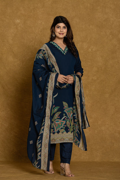 Elegant Blue Embroidered Modal Muslin Suit Set with Dupatta