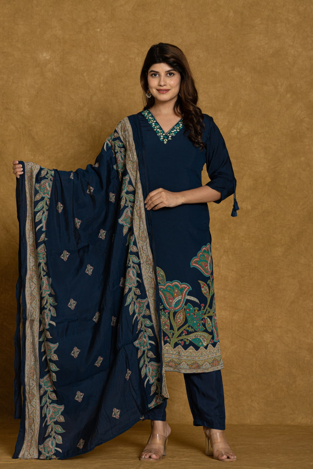 Elegant Blue Embroidered Modal Muslin Suit Set with Dupatta