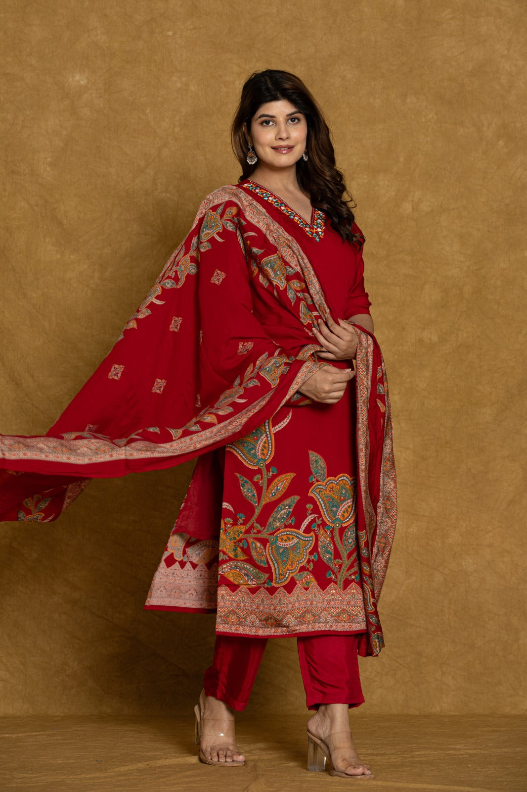 Elegant Red Embroidered Modal Muslin Suit Set with Dupatta