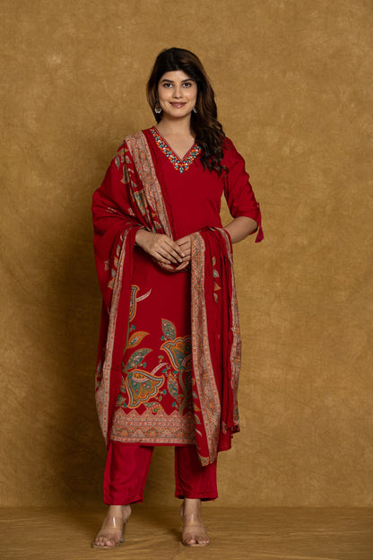 Elegant Red Embroidered Modal Muslin Suit Set with Dupatta