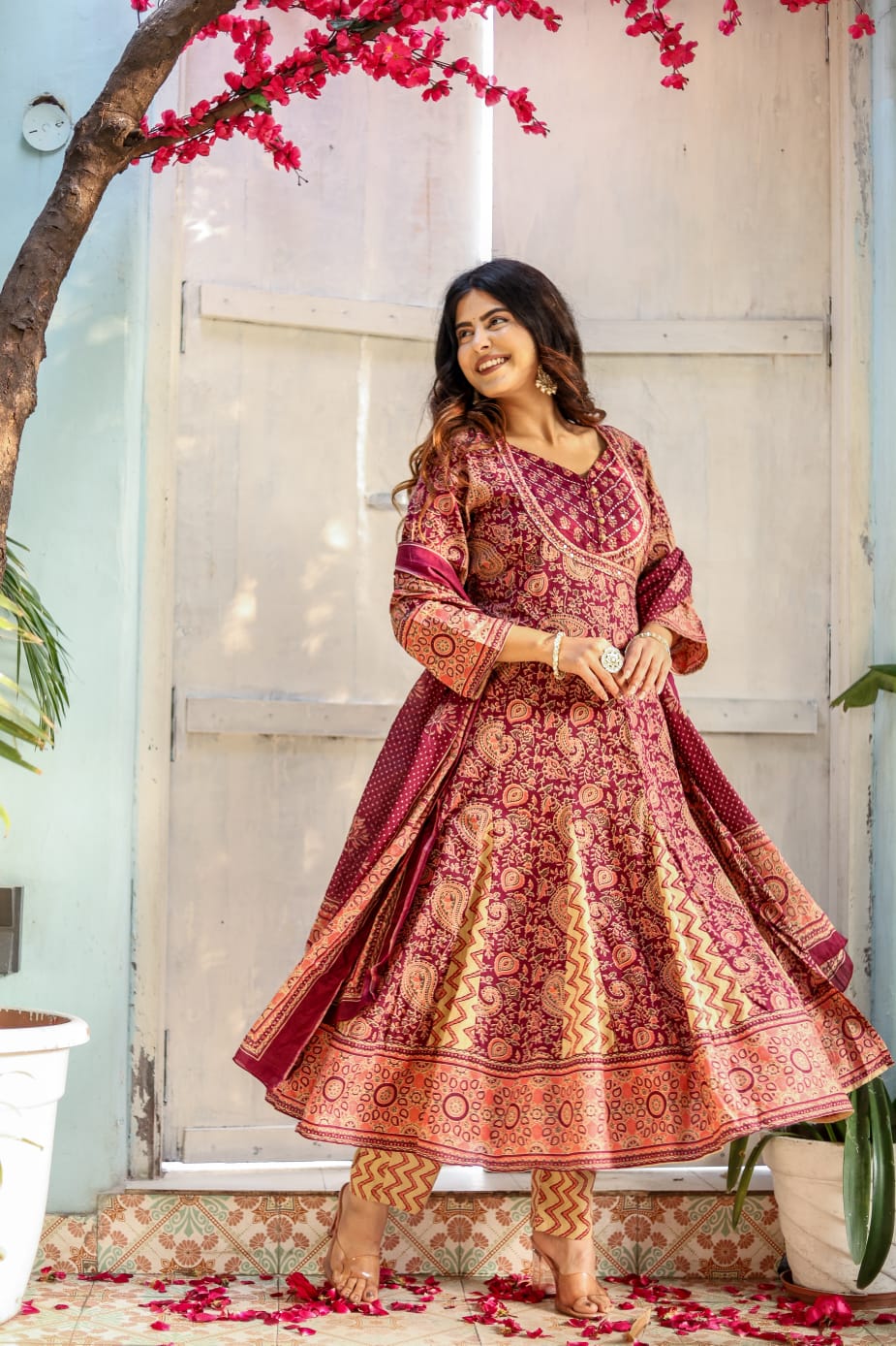 Block Printed Cotton Anarkali Suit Set with Dupatta