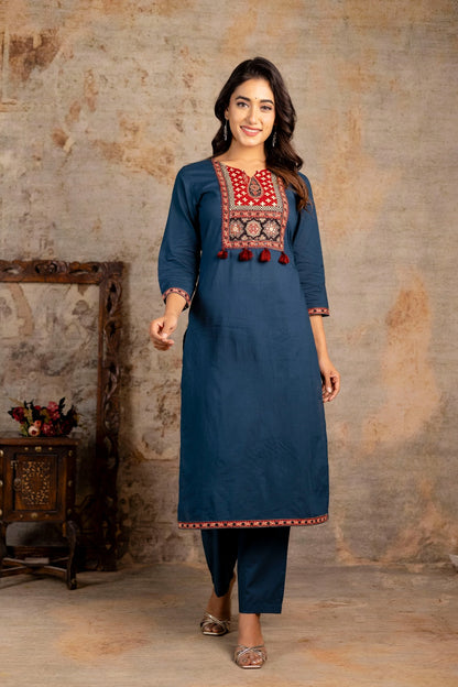 Women Indigo Blue Cotton Applique Round Neck Straight Kurta Pant and Dupatta Set