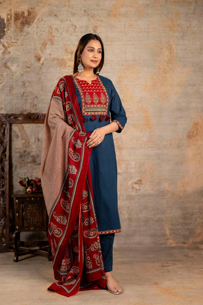 Women Indigo Blue Cotton Applique Round Neck Straight Kurta Pant and Dupatta Set