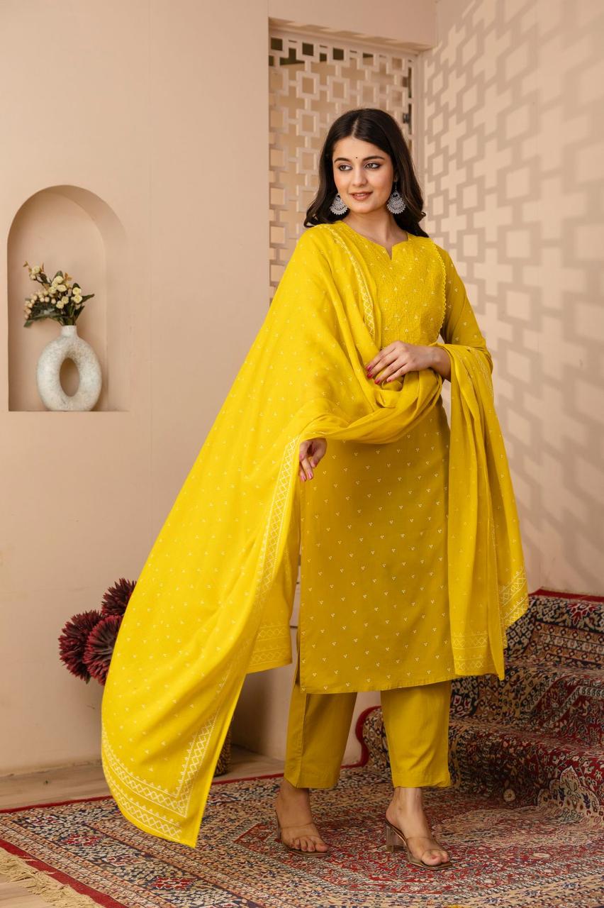 Yellow Cotton Straight Kurta Slim Pants Suit Set